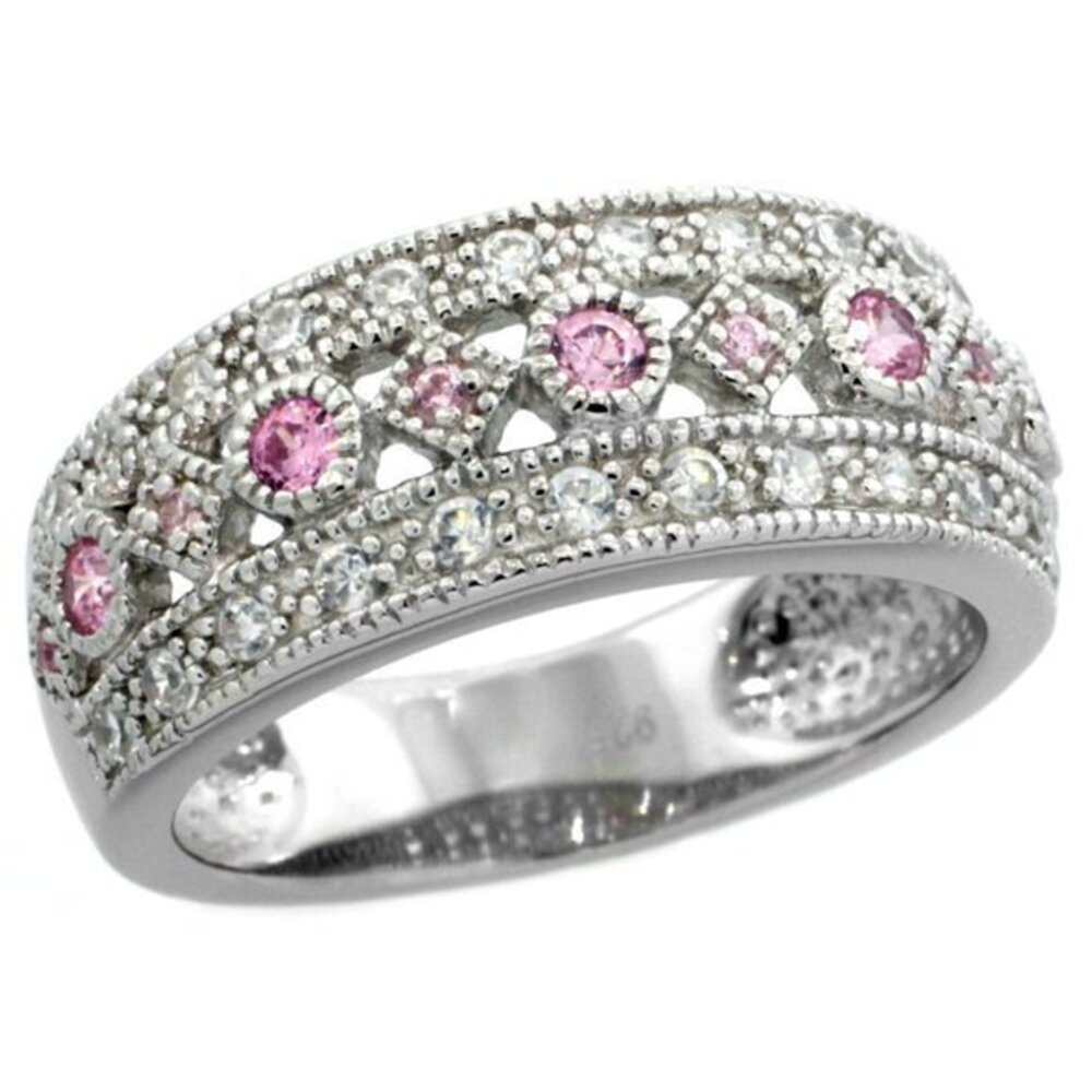 Sterling Silver Vintage Ring pink CZ Wedding Band